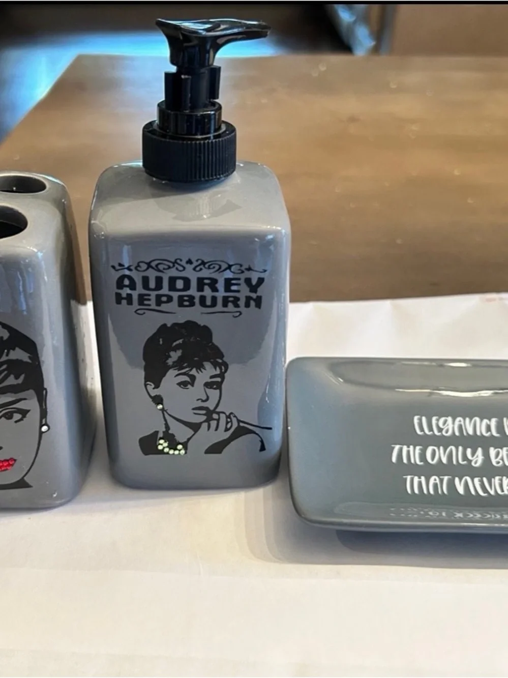 Audrey Hepburn Gray Ceramic Soap Dispenser - Elegant Bathroom Accessory